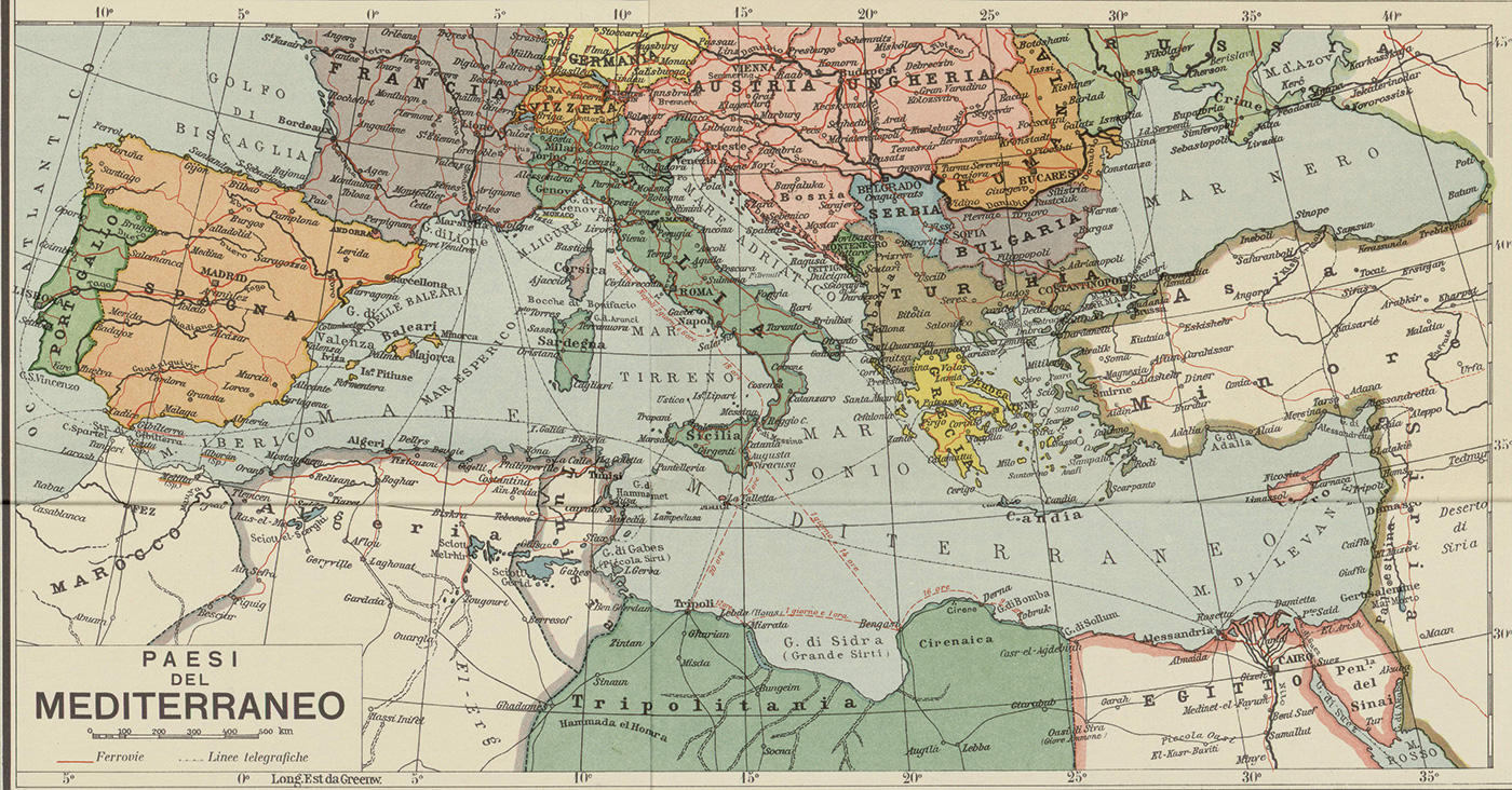 Mapa de la costa mediterránea en 1912. Achille Dardano.- ISTITUTO GEOGRÁFICO DE AGOSTINI