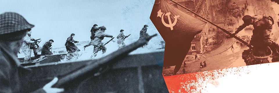 A la izquierda, las fuerzas aliadas asaltan las playas de Normandía el día D, 6 de junio de 1944. Foto: AFP. A la derecha, un soldado soviético levanta la Bandera Roja sobre el Reichstag alemán el 2 de mayo de 1945 en Berlín. Foto: ITAR-TASS / AFP